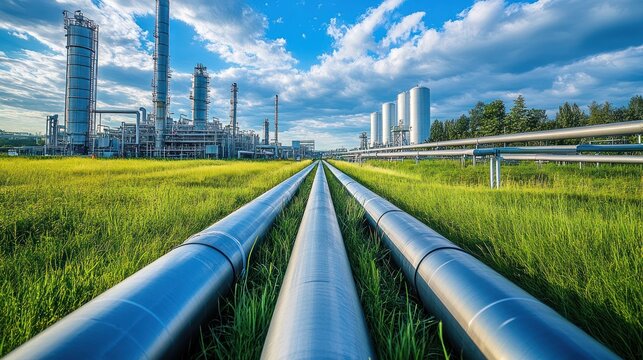 Industrial pipelines in a grassy field with refinery in background.