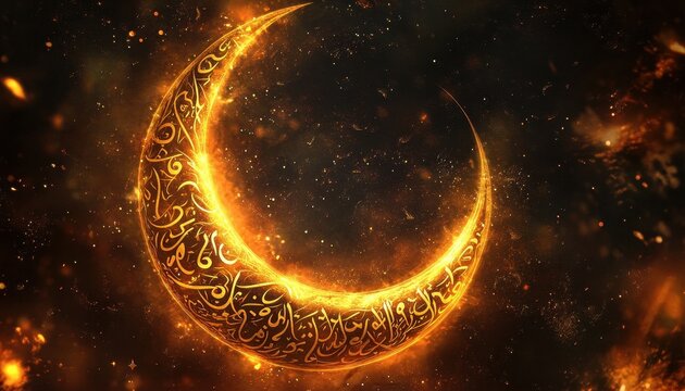 Fiery Crescent Moon in Cosmic Night Sky