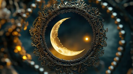 Obraz premium Glowing Crescent Moon in Ornate Frame against Dark Night Sky