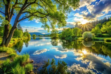 A beautiful lake with trees in the background
