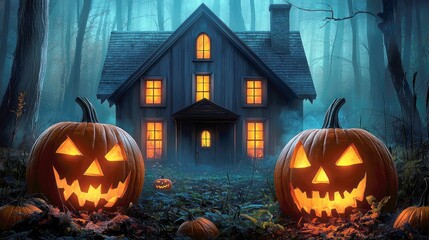 Obraz premium Spooky Halloween Night: Jack-o'-lanterns Illuminate a Haunted House in a Dark Forest