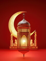 Obraz premium Glowing Golden Lantern with Crescent Moon and Mosque Architecture