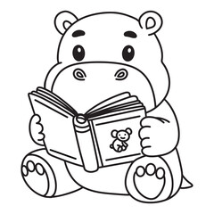 Line art of baby hippo reading a book cartoon vector