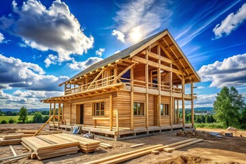 A house under construction with a lot of wood and a sun shining on it