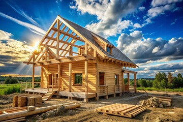 A house under construction with a lot of wood and a sun shining on it