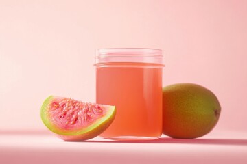 Guava Juice and Fresh Guavas on Pink Background