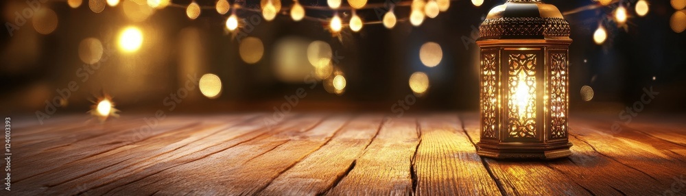 Poster glowing lantern on rustic wooden table with warm bokeh lights