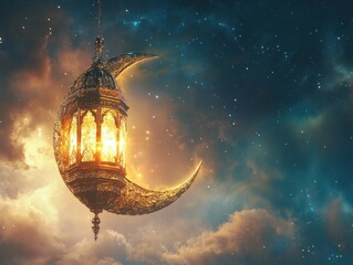 Obraz premium Glowing Lantern on a Crescent Moon in a Starlit Night Sky