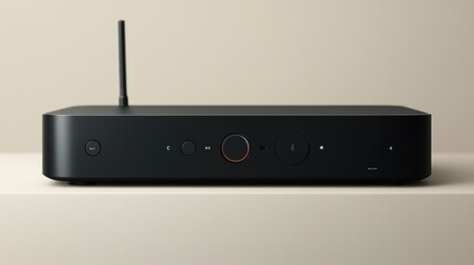 Black streaming device, minimalist shelf, beige background, home theater setup