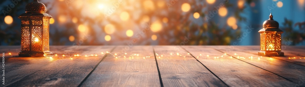 Poster glowing lanterns on wooden table with fairy lights and bokeh background