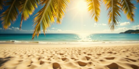 Obraz premium Tropical Beach Paradise: Golden sand, turquoise water, palm leaves, and a vibrant sunset.