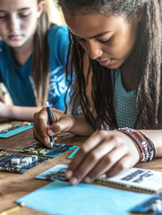 Fototapeta premium Diverse students engaged in coding and design concepts, showcasing creativity and collaboration in hands on learning environment