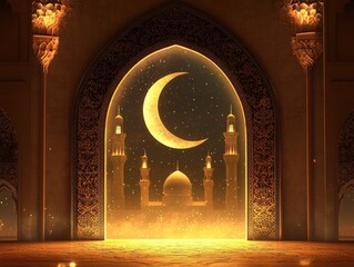 Golden Crescent Moon over Mosque at Night
