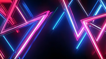 Futuristic neon-glowing triangular motion lines background with dynamic blue, red, and pink neon lights, creating a vibrant, high-tech, and digital abstract aesthetic. Perfect for modern technology