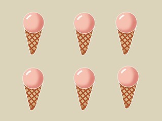 Illustration of six scoops of pink ice cream on a waffle cone