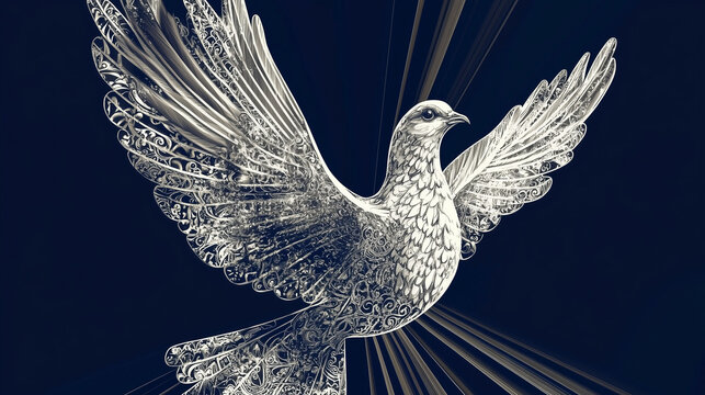 Ethereal White Dove with Ornate Details Soaring Through Divine Light