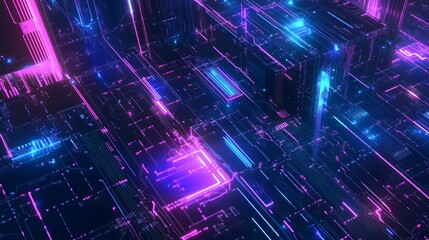 Obraz premium Futuristic circuit board illuminated by neon blue and purple lights, symbolizing digital innovation, advanced technology, and the cyber world. Abstract high-tech background representing artificial