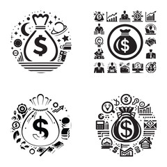 Black and White Money Bag Icon Set with Dollar Sign for Finance, Banking, Investment, and Business Concepts