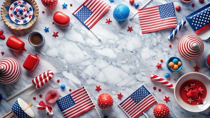 Obraz premium 4th of July Party Flat Lay: Patriotic Decorations & Treats on Marble