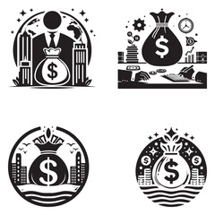 Black and White Money Bag Icon Set with Dollar Sign for Finance, Banking, Investment, and Business Concepts