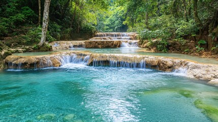 Naklejka premium Serene turquoise waterfall cascading through lush green jungle with natural rock formations
