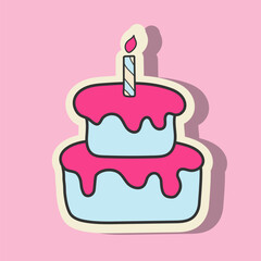 Doodle Y2K Sticker Cake Isolated On Pink Background. Vector Illustration Cute Element Hand Drawn. Sticker Suitable For Valentine's Day, Birthday, Wedding.