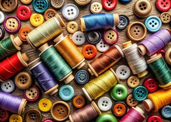Colorful Spools of Thread & Buttons Aerial View - Craft Supplies Overhead Shot
