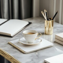 Sophisticated Workspace Design Featuring Luxe Marble Desk and Gold Modern Office Environment Elegant Aesthetic