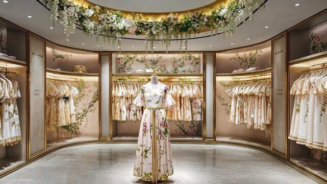 Elegant clothing boutique showcases floral dresses in a stylish and contemporary interior design