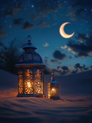 Illuminated Lanterns in Desert Night Under Crescent Moon and Stars