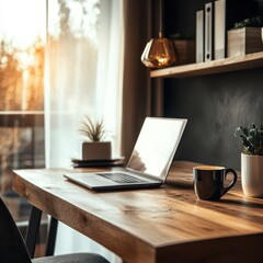 Fototapeta premium Modern Home Office Setup with Wooden Desk and Laptop Cozy Environment Sunset Productivity Concept