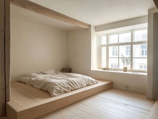 Minimalist Bedroom Featuring Wooden Platform Bed And Large Window