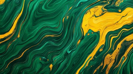 Elegant swirls of green and gold creating a stunning abstract background with a mesmerizing flow of paint