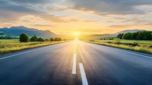 Wide open road stretching into the horizon with a breathtaking sunset, symbolizing new beginnings, future possibilities, and success. Empty asphalt highway leading toward distant mountains bathed