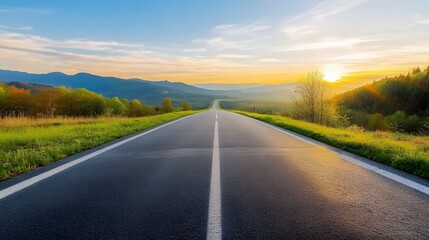 Wide open road stretching into the horizon with a breathtaking sunset, symbolizing new beginnings, future possibilities, and success. Empty asphalt highway leading toward distant mountains bathed