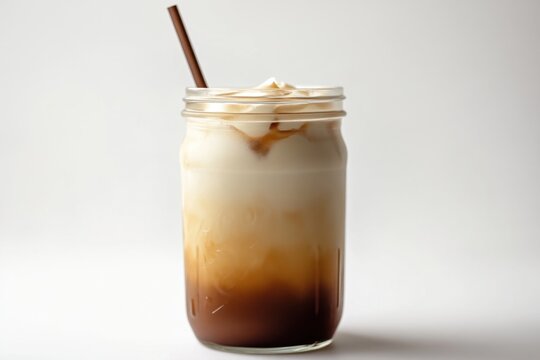 Iced coffee in a mason jar with cream and a straw - Powered by Adobe