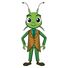 A grasshopper in a forest green three-piece suit with earthy tones