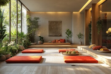 Tranquil zen garden room, sunlight, meditation