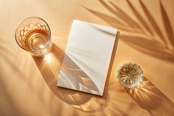 Minimalist Peach Background Mockup: Blank Card & Glass with Sunlight Shadows for Luxury Branding