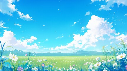 Fototapeta premium 青空と白い雲が広がる花畑｜爽やかな夏の自然風景イラスト