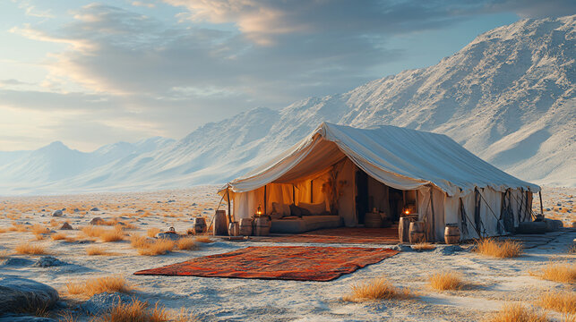 a tent in the desert with a mountain in the background