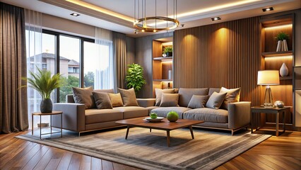 Fototapeta premium Modern Living Room Sofa Design: Stylish Home Interior Lighting Concept