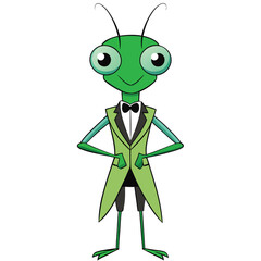 A praying mantis in a sleek green tuxedo with modern design Illustrator Artwork