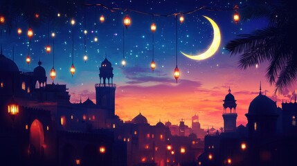 Obraz premium Magical Nighttime Cityscape with Crescent Moon and Glowing Lanterns