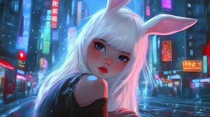 Beautiful white-haired girl with blue eyes and bunny ears standing in neon-lit cyberpunk cityscape, futuristic urban background, high-tech cyber fashion, night city aesthetics with vibrant lights