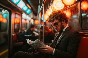 Obraz premium A crowded subway on a Tuesday morning, filled with commuters in business attire, reading newspapers and checking their phones