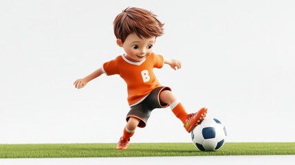 Obraz premium 3D rendering of an energetic boy kicking a soccer ball,