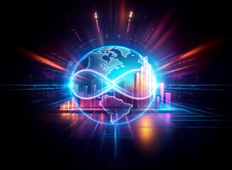 A vibrant double exposure image depicts a glowing Earth encircled by an infinity symbol, overlaid on dynamic financial charts.  Surrounding the scene are bright, radiating lights, suggesting growth an