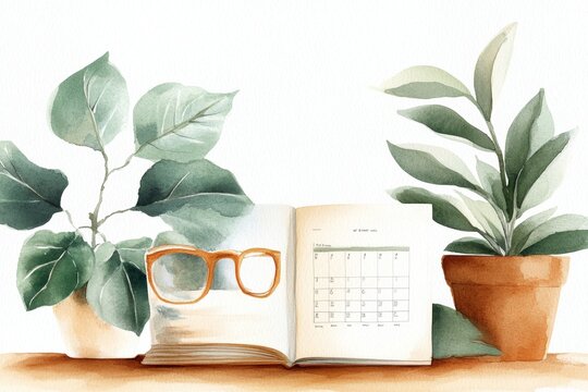 A cozy watercolor illustration of a desk with an open planner showing a full weekday schedule, surrounded by soft pastel hues