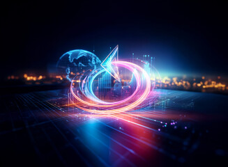 A mesmerizing double exposure image showcases a glowing, circular arrow encompassing a translucent globe, set against a vibrant cityscape backdrop. The scene pulses with energy, suggesting global con
